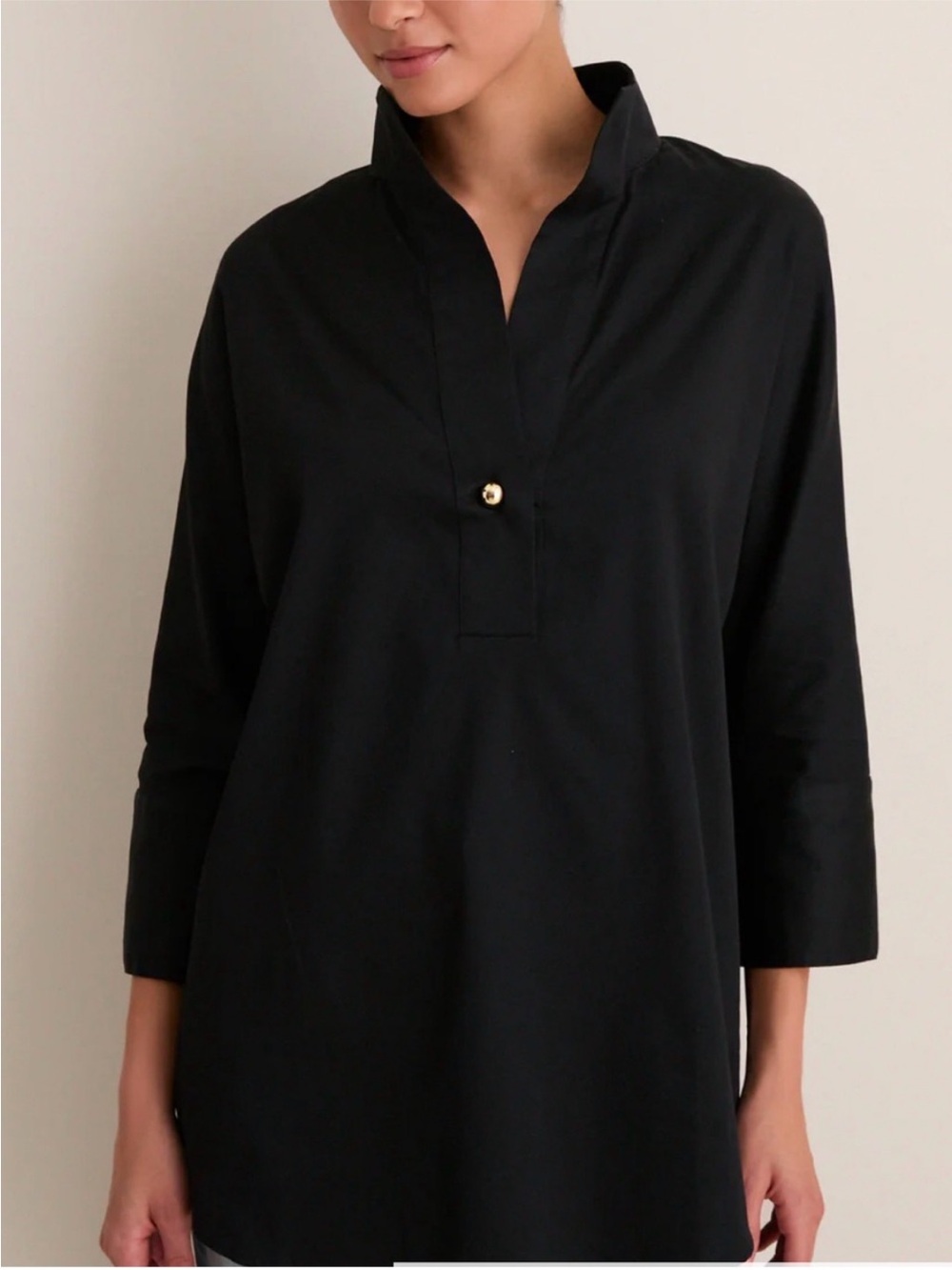 Tuckernuck Black Willow Blouse Split-Neck Cotton Tunic Gold Button Quiet Luxury